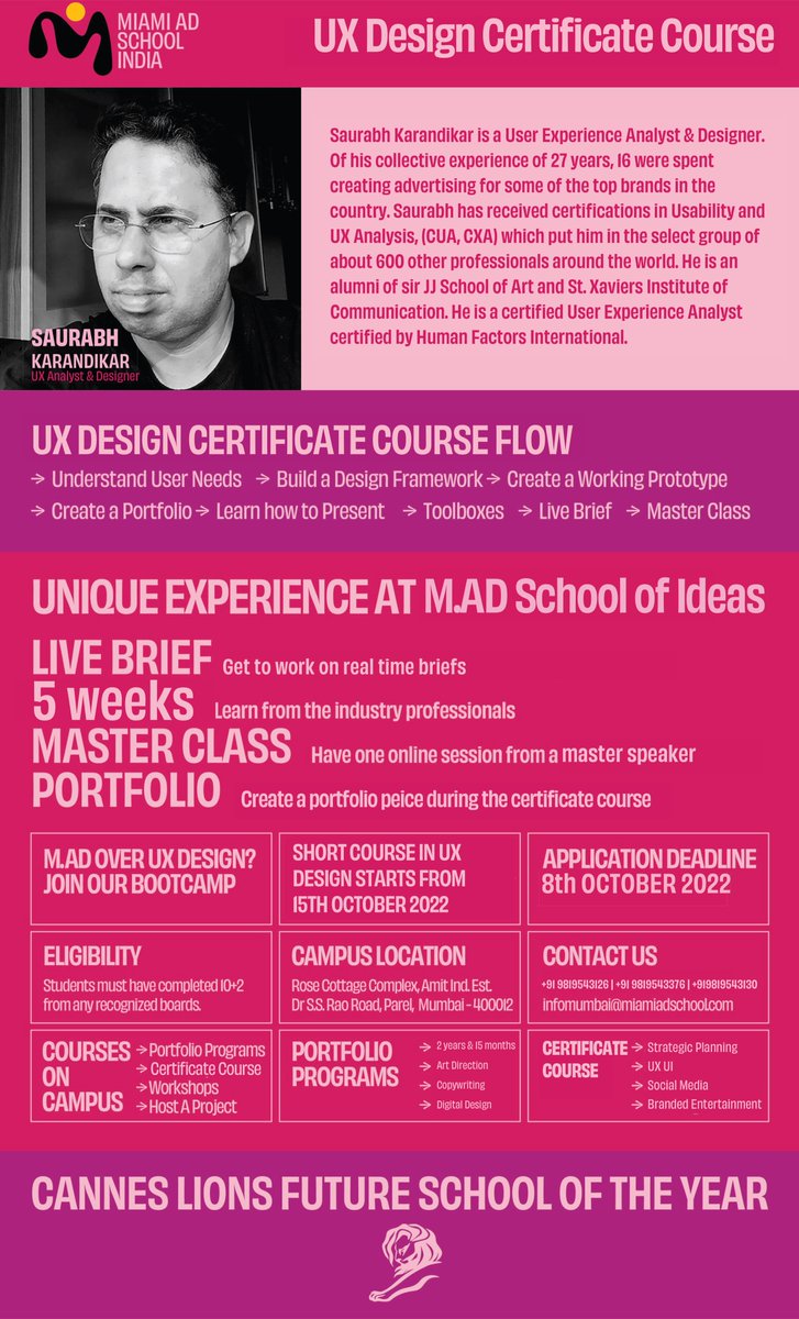 It's my 9th year of teaching a short course in UX at @MiamiAdSchoolmumbai This year, we have turned it a little more intense - into a 5 week bootcamp / short certificate course. Call  +919819543126, +919819543376, +919819543130. #ux #bootcamp #miamiadschool #uxeducation