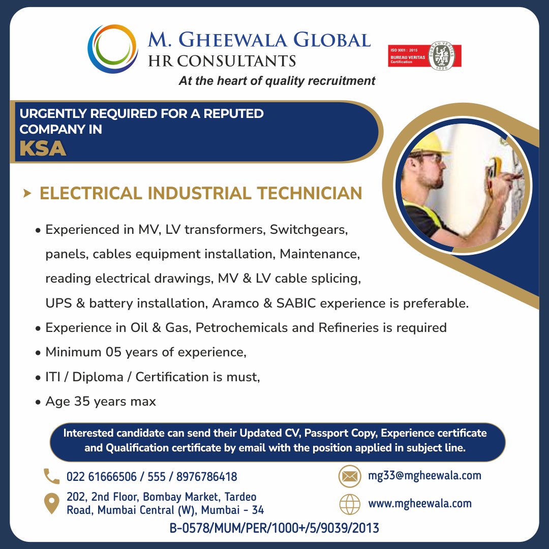 mgheewala_hrc's tweet photo. Job Vacancies for #SaudiArabia
Interested Candidates can send the updated resume to mg33@mgheewala.com
Learn More https://t.co/Ps4bxvjpD1
#technician #electricaltechnician #industrialtechnician #electricaldrawings #equipmentinstaller #oilandgas #petrochemical #saudijobs https://t.co/AZgJ3Kbv4s