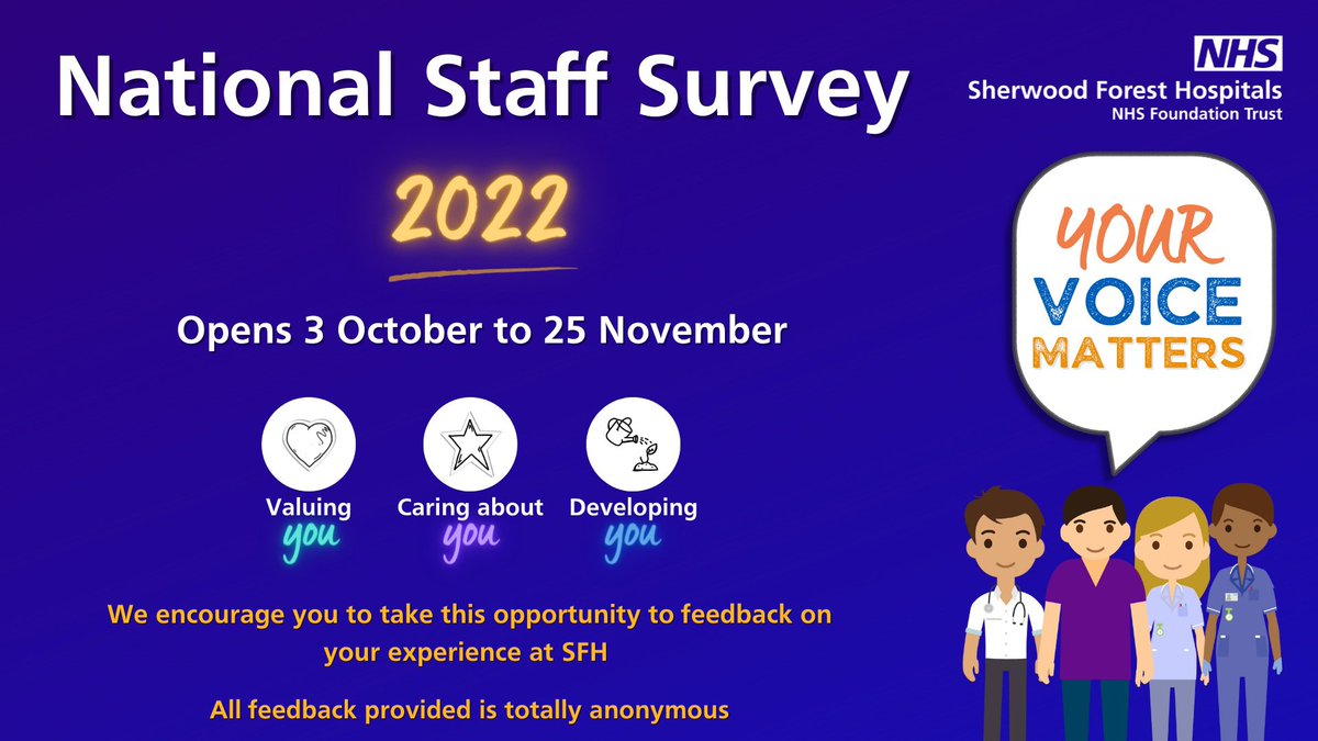 <a href="/SFHFT/">Sherwood Forest Hospitals NHS FT</a> #TeamSFH our 2022 National Staff Survey launches today - your voices really matter in helping us make Sherwood a great place to work and receive care.  Thank you to each and every person who shares their feedback with us over the next 8 weeks 💙 look out for your copy…
