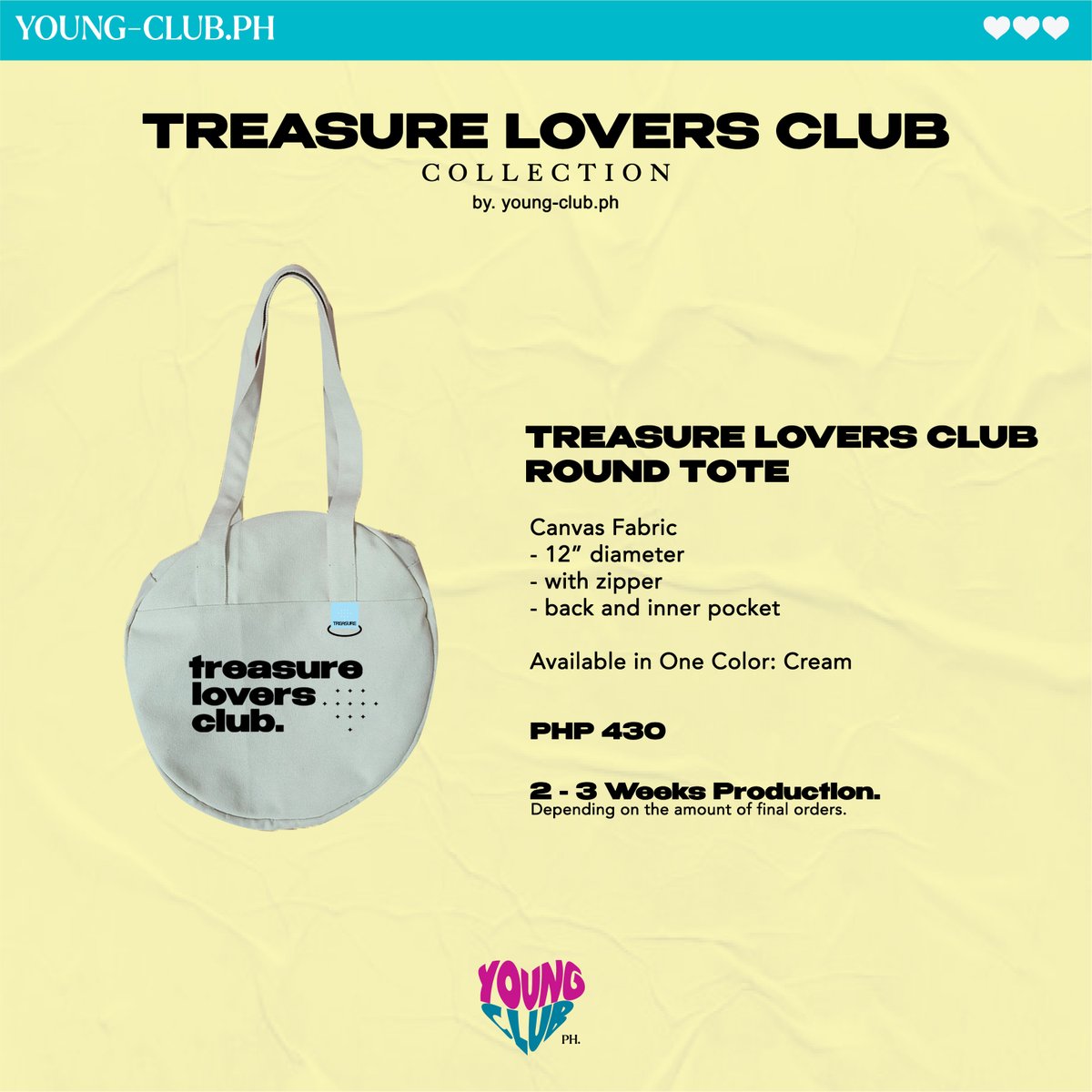 💎 Treasure Lovers Club Tote BATCH 3 💎

Round Tote : 450 PHP

Order form: bit.ly/TreasureToteBa…
DOO &amp; DOP : ~ Oct. 23, 2022

Need 10 orders minimum to push through!

GIVEAWAY : 1 Cream Tote to random RT-ier 🫶

#TREASURE #youngclubph_ongoing