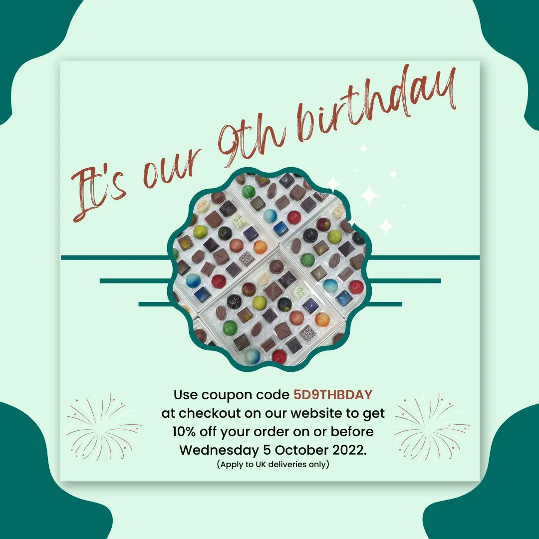 Happy birthday to us. We will be 9 years old on Wednesday.

As a celebration, we are offering 10% discount on all our products from now until end of 05 Oct 2022.

Simply use code 5D9THBDAY at checkout to receive 10% off. Offer only valid for UK delivery.

5dchocolates.com