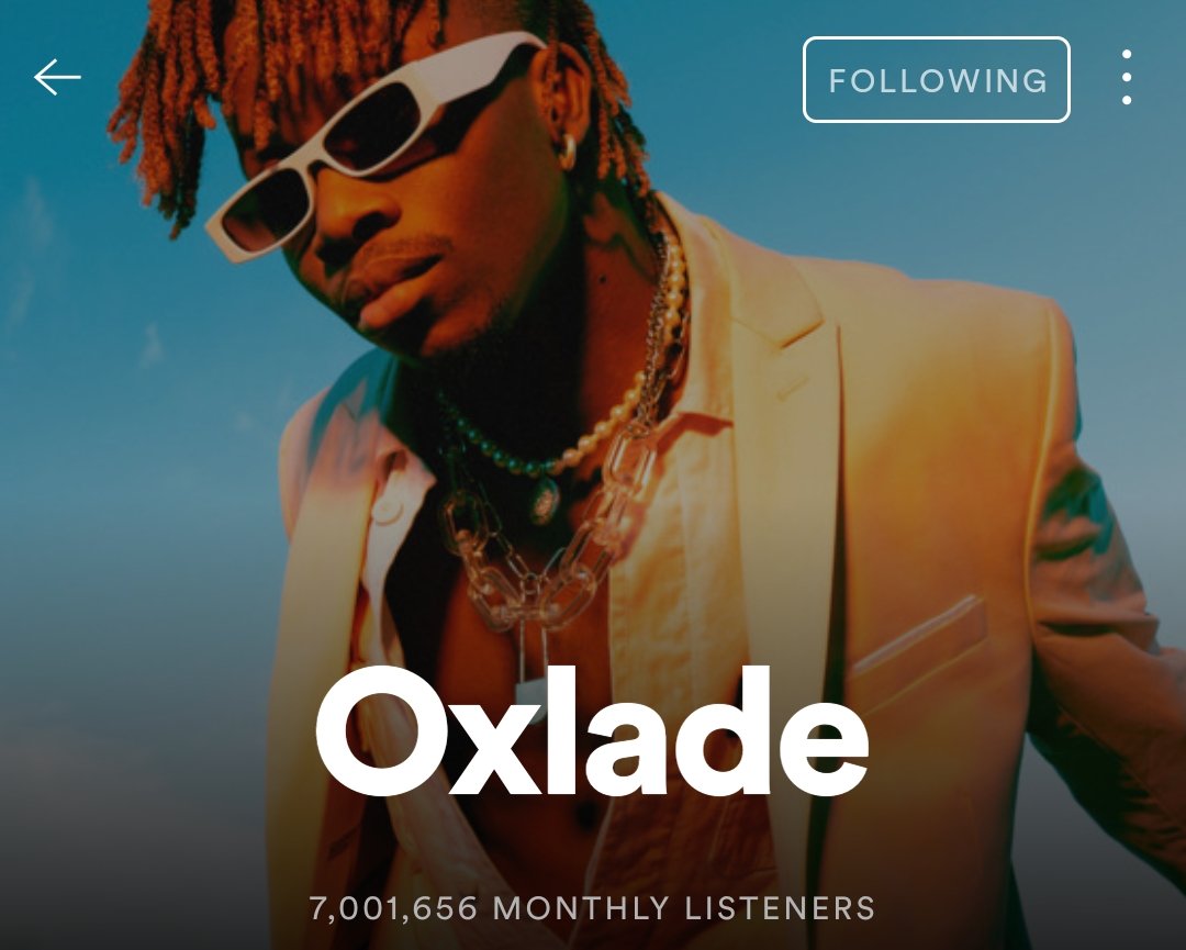 oxlade_news's tweet photo. Oxlade now has over 7M monthly listeners on Spotify! https://t.co/IarAMSDXRl
