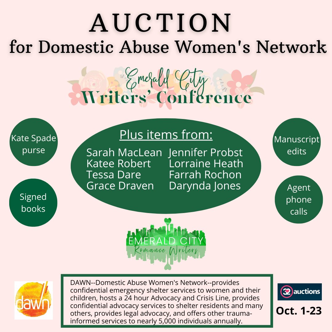 ECWC_Seattle_WA's tweet photo. ECWC is organizing a charity auction to benefit DAWN, a nonprofit that supports, empowers and shelters survivors of domestic abuse in South King County. Open now through 10/23--you DO NOT want to miss these fabulous prizes!! Details: https://t.co/60RIwFW5qI #WritingCommunity https://t.co/Ng2PZpll3w
