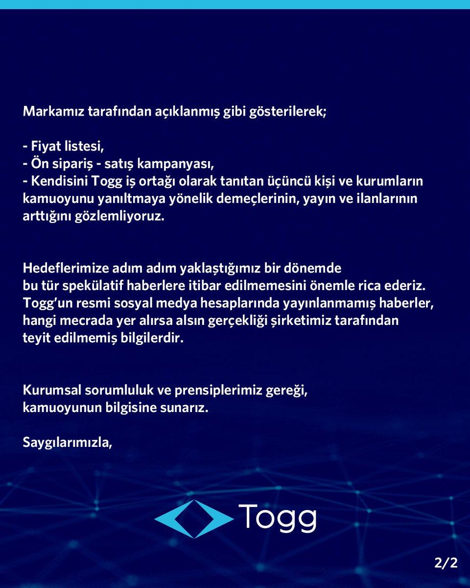 Togg2022's tweet photo. Kamuoyunun bilgisine. https://t.co/wPr9OY3s5q