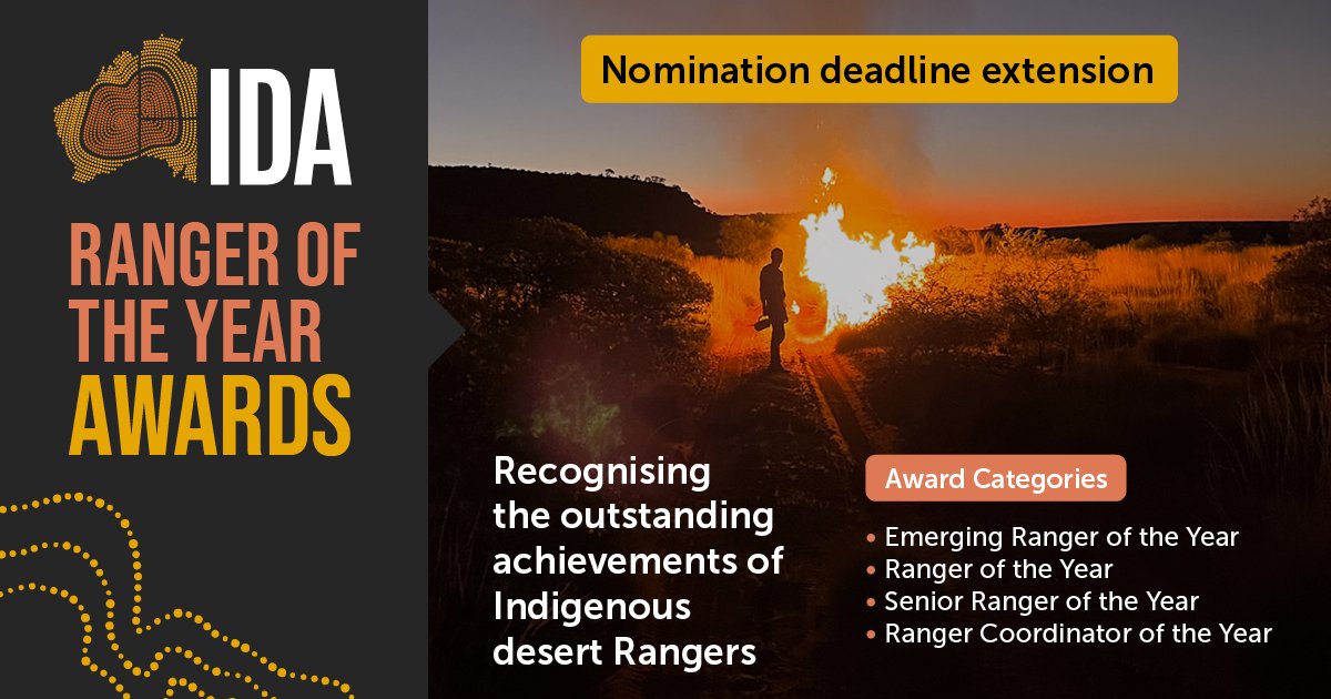 Nominations for the IDA Ranger of the Year Awards have been extended a week to make sure no one misses out on nominating. This is a great opportunity to recognise desert Rangers you are proud of this year. Nominate here indigenousdesertalliance.com/awards Deadline is Fri 7 Oct, 5pm AWST