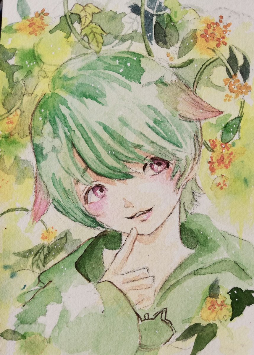 yukonekomint's tweet image. 完成しました！さんにんくんのファンアート⭐
今の季節っぽく金木犀のイメージで描いてみました。
（水彩/アルシュ）
元が可愛いのでどうアレンジしても可愛いです✨
#超絶かわいいさんにんくん
#ほしののひとりごと
#ほしのディスコ