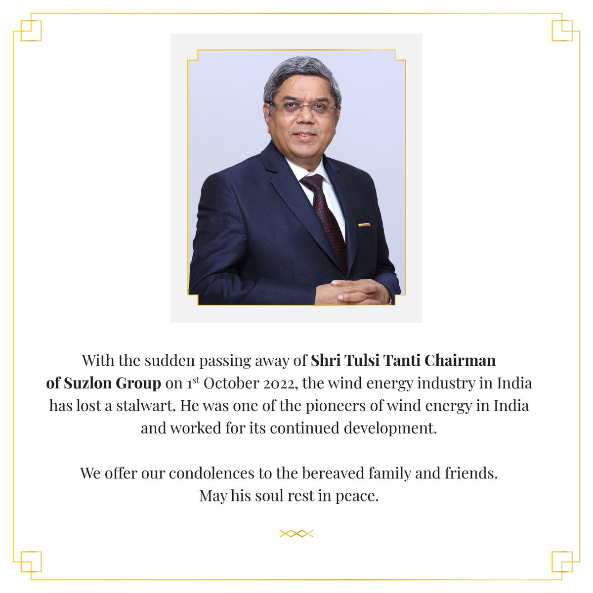 Rest in Peace, Shri #TulsiTanti.