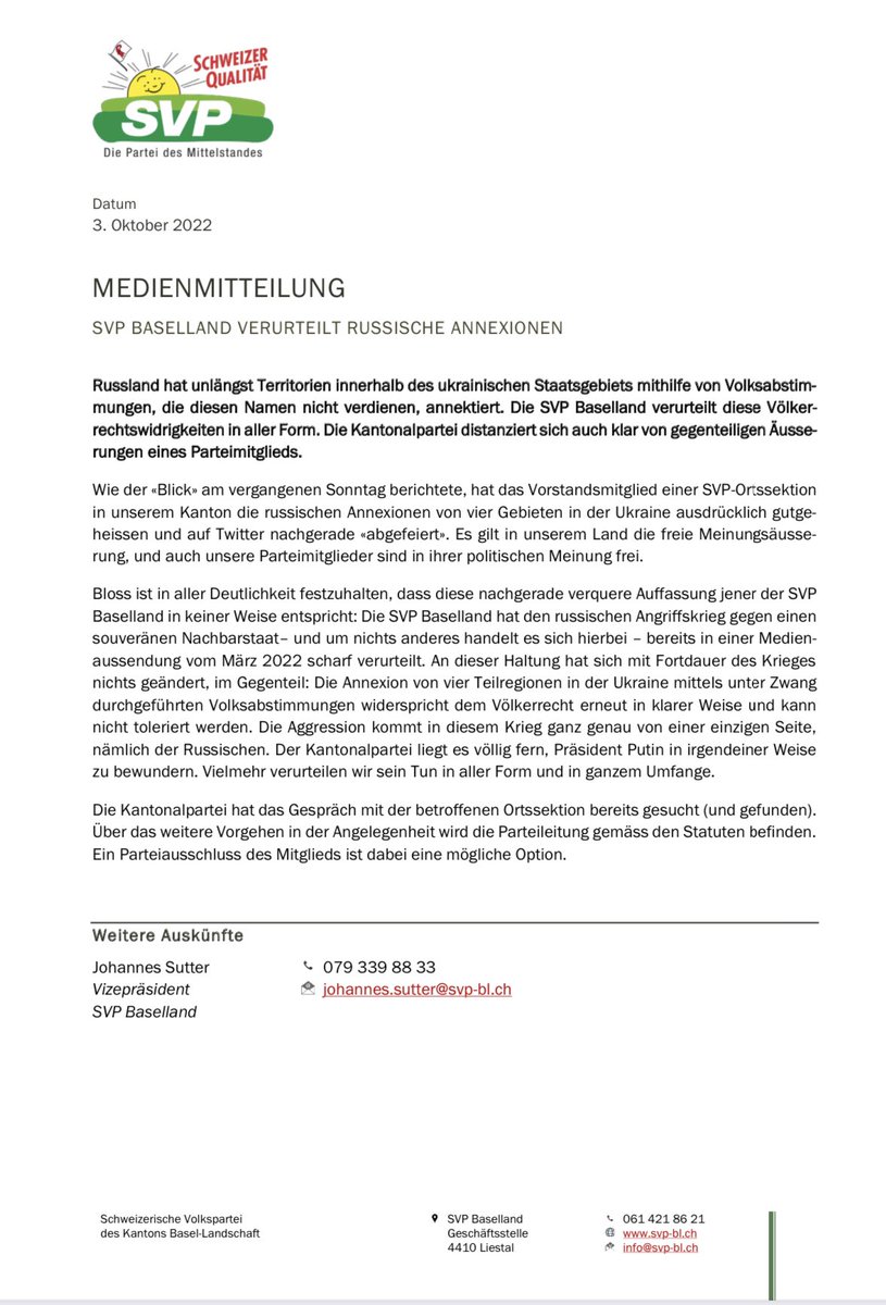 Wie schliessen uns ganz der Meinung unserer Mutterpartei <a href="/svp_bl/">SVP Baselland</a> an. Wir distanzieren uns klar von der Haltung dieses Mitgliedes.
Weitere Massnahmen werden geprüft!@Blickch