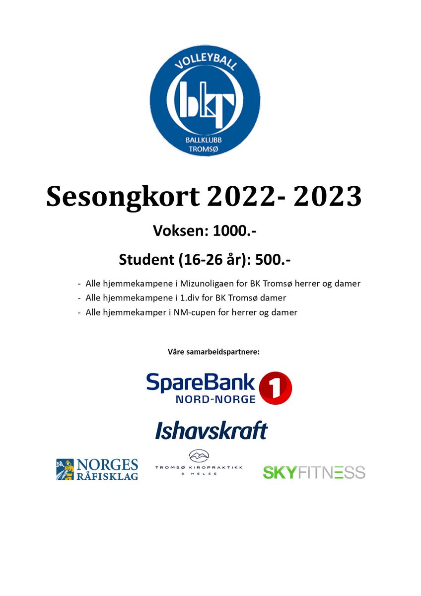 Bures boahtin volleyspáppagilvui!
Juhu! Til helgen har vi sesongens første hjemmekamper! Sikre deg sesongkort her: deltager.no/event/sesongko…  
Lørdag 8. okt kl 1330 spiller BK Tromsø Elite Damer mot TIF Viking, og lørdag 8. okt kl 16 spiller BK Tromsø Elite Herrer mot TIF Viking.