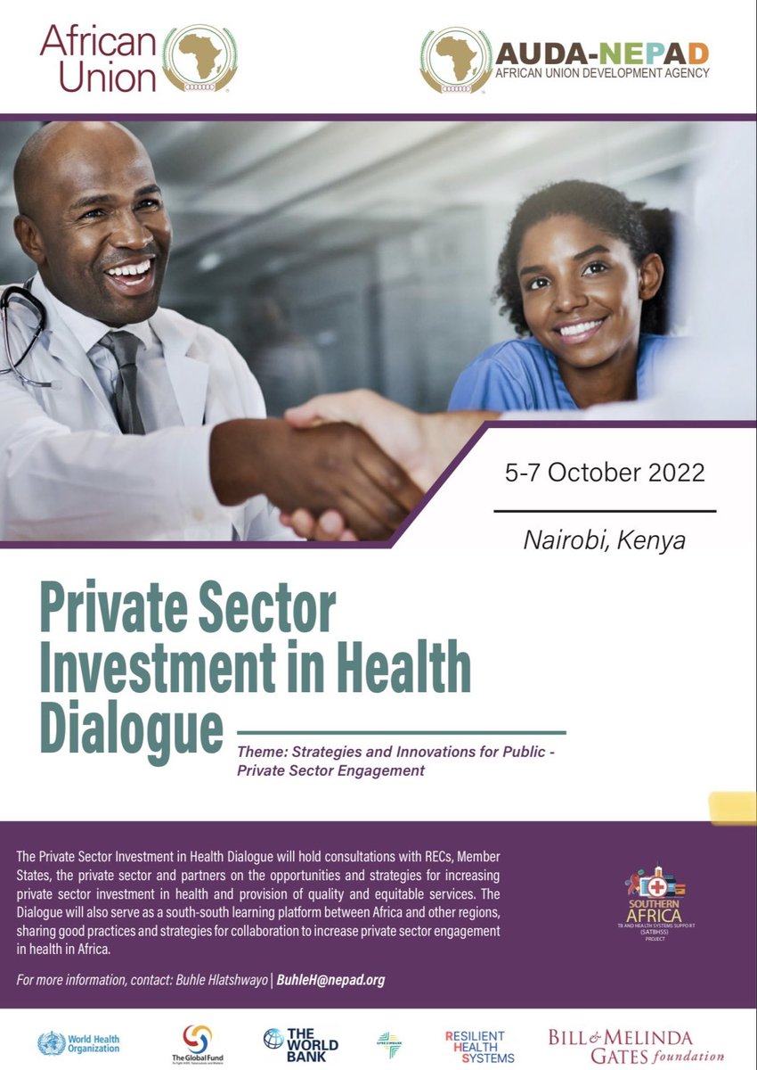 2 days to go before the <a href="/NEPAD_Agency/">AUDA-NEPAD</a>, <a href="/_AfricanUnion/">African Union</a> Private Sector Investment in Health Dialogue in Kenya 5 - 7 Oct. Member states &amp; private sector to discuss strategies for increasing PS investment in Health. 
Kenyan Media invited. MEDIA ADVISORY‼️ nepad.org/news/media-adv…