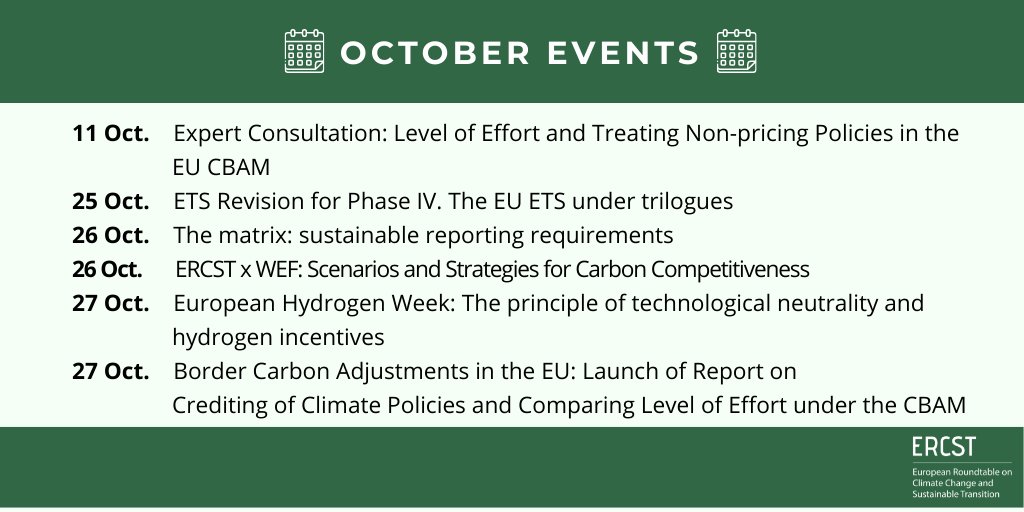 🗓🍁 ERCST is organising six events in October. ➡️ Find more information and register for our events on #CBAM, #EUETS, #hydrogeneconomy and more via our website: ercst.org/events/