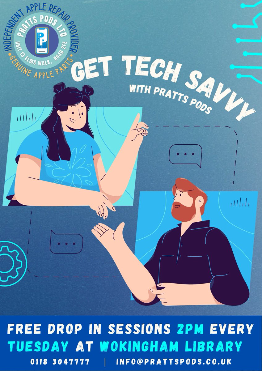 PrattspodsLtd's tweet photo. Having problems with your tech? Need some with a phone or tablet? Can't quite find your way around your laptop to do what you need to do?
Pop along to our  tech savvy Tuesday group sessions for FREE tech help and advice at 2pm every Tuesday in the NEW wokingham library. https://t.co/W9I2dgffWi