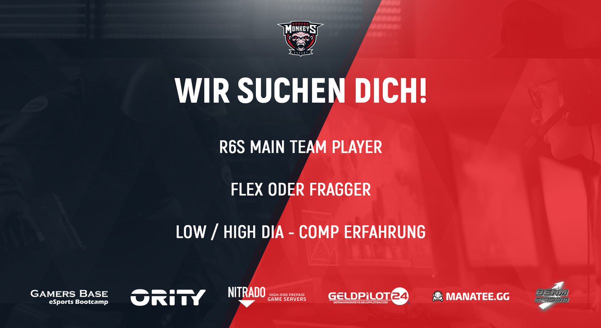 [#R6S] [#MainTeam]

Du bist Flex-Player oder Fragger? Du hast Comp Erfahrung und bist Teamfähig? 

Dann bist du genau der richtige! 🔥

Melde dich unter "hallo@germanmonkeys.de" oder auf unserem Discord Server discord.gg/v6eeSjKTvw bei Arctico oder FunKy! 🏆

#MonkeyPower