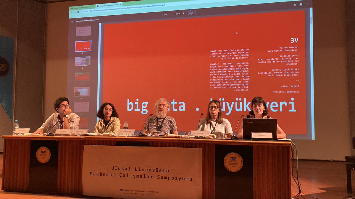 2. Oturum başladı: Mekanın Felsefesi.
İlk bildiri Feyza Çınar tarafından sunuluyor: Yeni bilgi rejimi altında mimarlık bilgisi üretiminde anlayışla meseleler #MekansalÇalışmalarSempozyumu