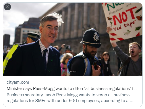 Minister says Jacob Rees-Mogg wants to ditch ‘all business regulations’ for SMEs, effectively encouraging bosses to treat employees like shit, ignore health, safety & environmental regulations, & do whatever they fuck they like - just like his dad wanted. twitter.com/docrussjackson…