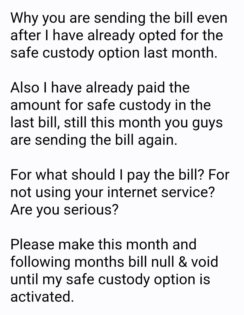 dhananjay1992's tweet photo. @Airtel_Presence @airtelindia 
Why u r sending d bill even aftr I have opted for safe custody (already paid the amount for it in last bill, still you guys are sending bill again).For what should I pay the bill? For not using internet?
SR-10085248974 @AshwiniVaishnaw
@narendramodi https://t.co/hCX8na6egp