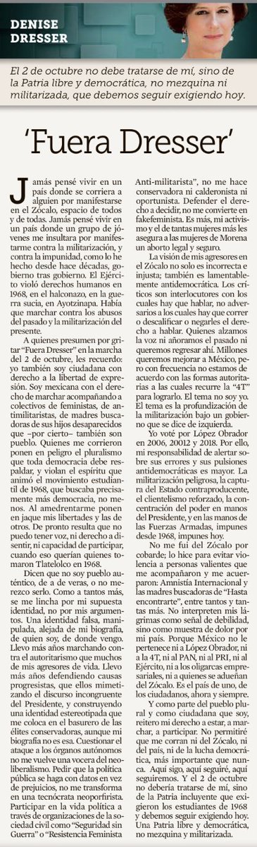 liebano's tweet photo. La #imperdible reflexión de ⁦@DeniseDresserG⁩ en ⁦@Reforma⁩ https://t.co/IAURV30aox