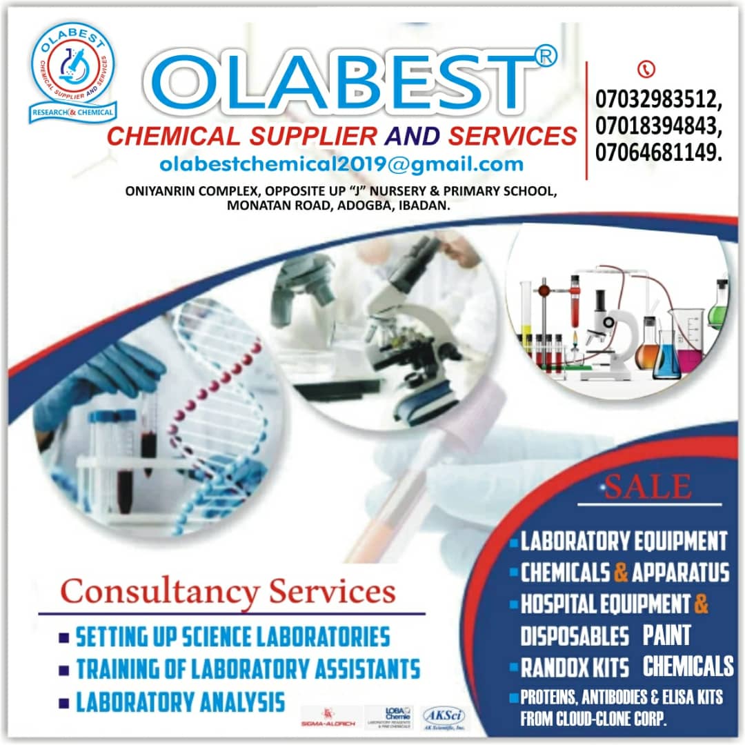 awosanya_olaide's tweet photo. We are open

This is what i do.

#Olabest supplies research chemicals, lab and hospital consummables &amp; equipment. We are based in Ibadan. Call or chat: 07032983512
Kindly refer us.

#Research #Medical #Equipment #Reagents #Chemical #Labwares https://t.co/vIBEg8UnQW