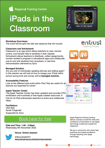 BhamStaffsRTC's tweet photo. FREE iPad online event 9th November 1:00 - 3:00pm
Book your places at https://t.co/vJlrUTGfUC
We will be joined by Sync who will be demonstrating Classroom and Schoolwork.  See below for the other sessions that will be included: https://t.co/nXmg1EOW1B