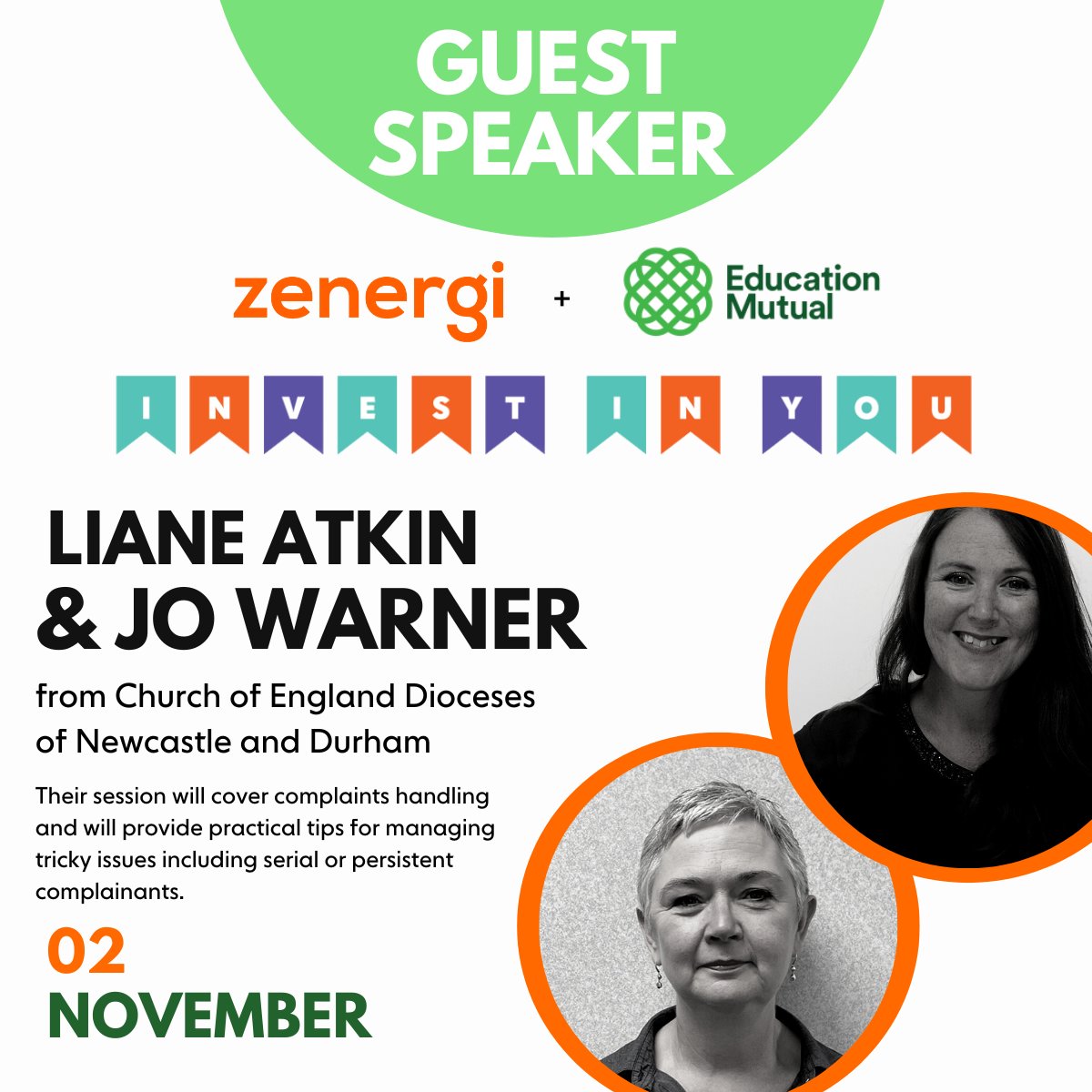 Guest speakers Liane Atkin &amp; Jo Warner, will be joining us at our 'Invest in You' event💚🧡

The joint Education team will be hosting a workshop dedicated to mastering parental complaints handling.