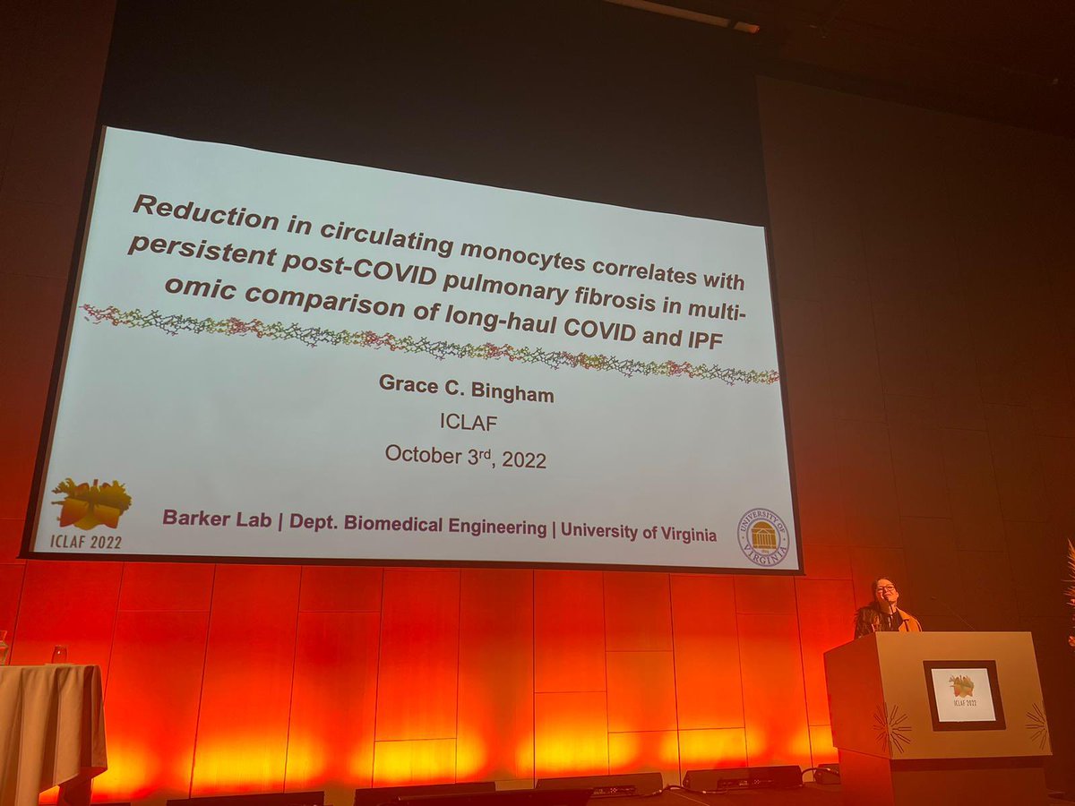 Great talk by @alpha_SMgrAce on circulating monocytes in COVID ILD. We have been studying monocytes in COVID-19  recovery with the @lizziemannlab in Manchester, UK with interesting results too. Would be good to catch up and chat! #ICLAF2022