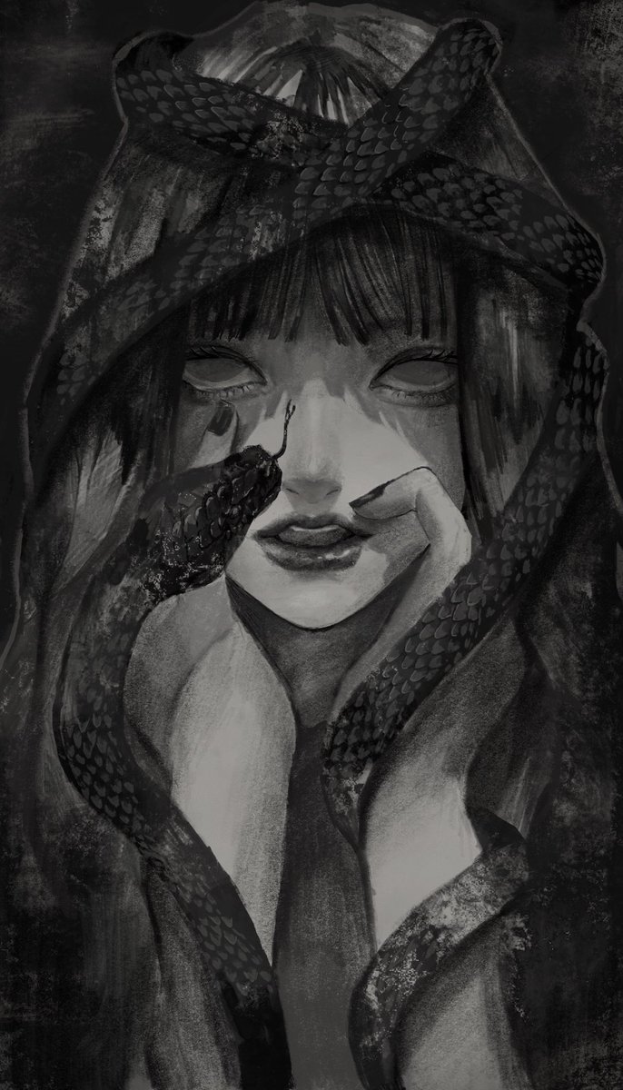 monochrome 1girl greyscale solo looking at viewer snake bangs  illustration images