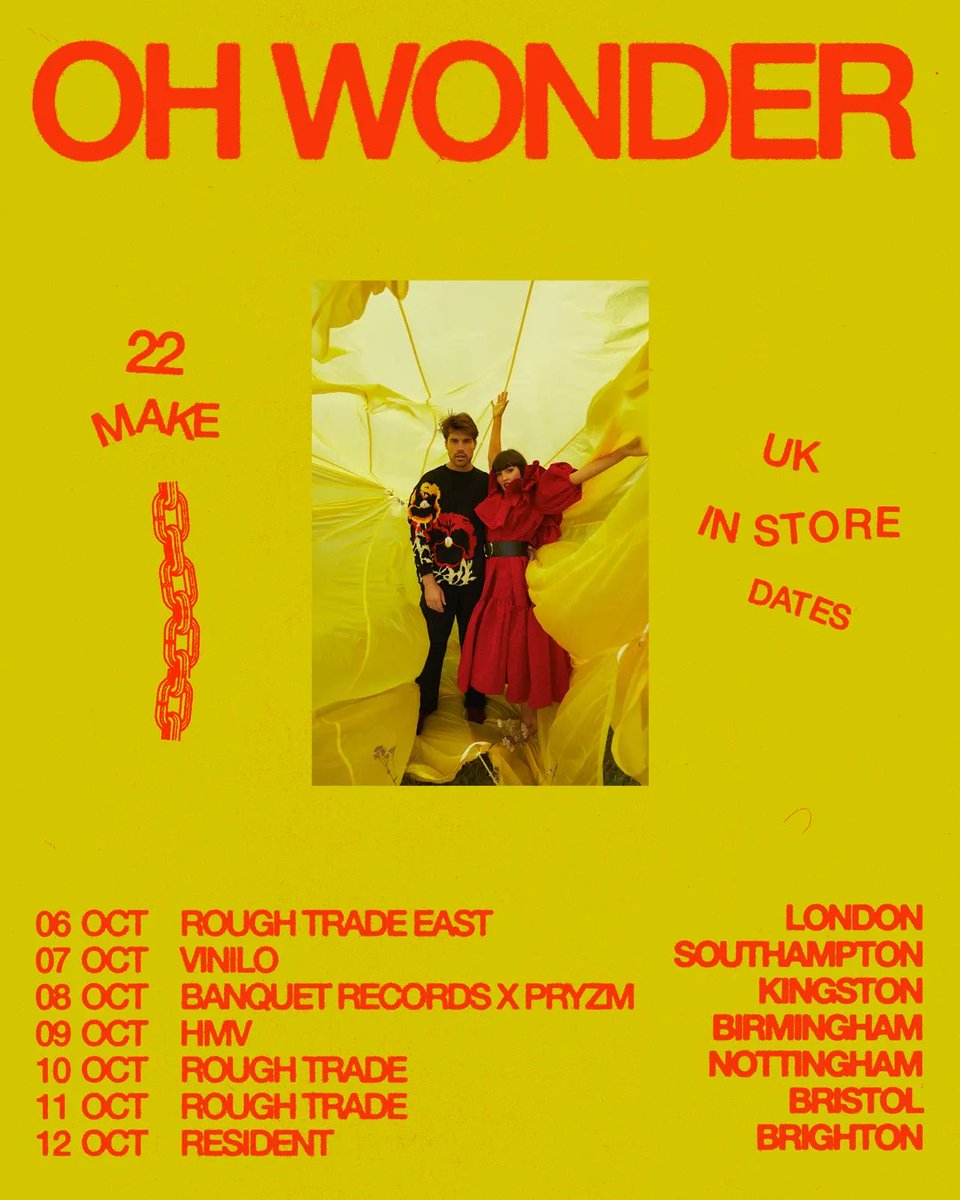 Come see us up close and personal on our intimate UK record store tour which starts this week! We'll be playing old and new songs, then signing copies and hanging out afterwards! If you buy the album you basically get the ticket free 💛❤️ ohwonder.lnk.to/RecordStoreSho…