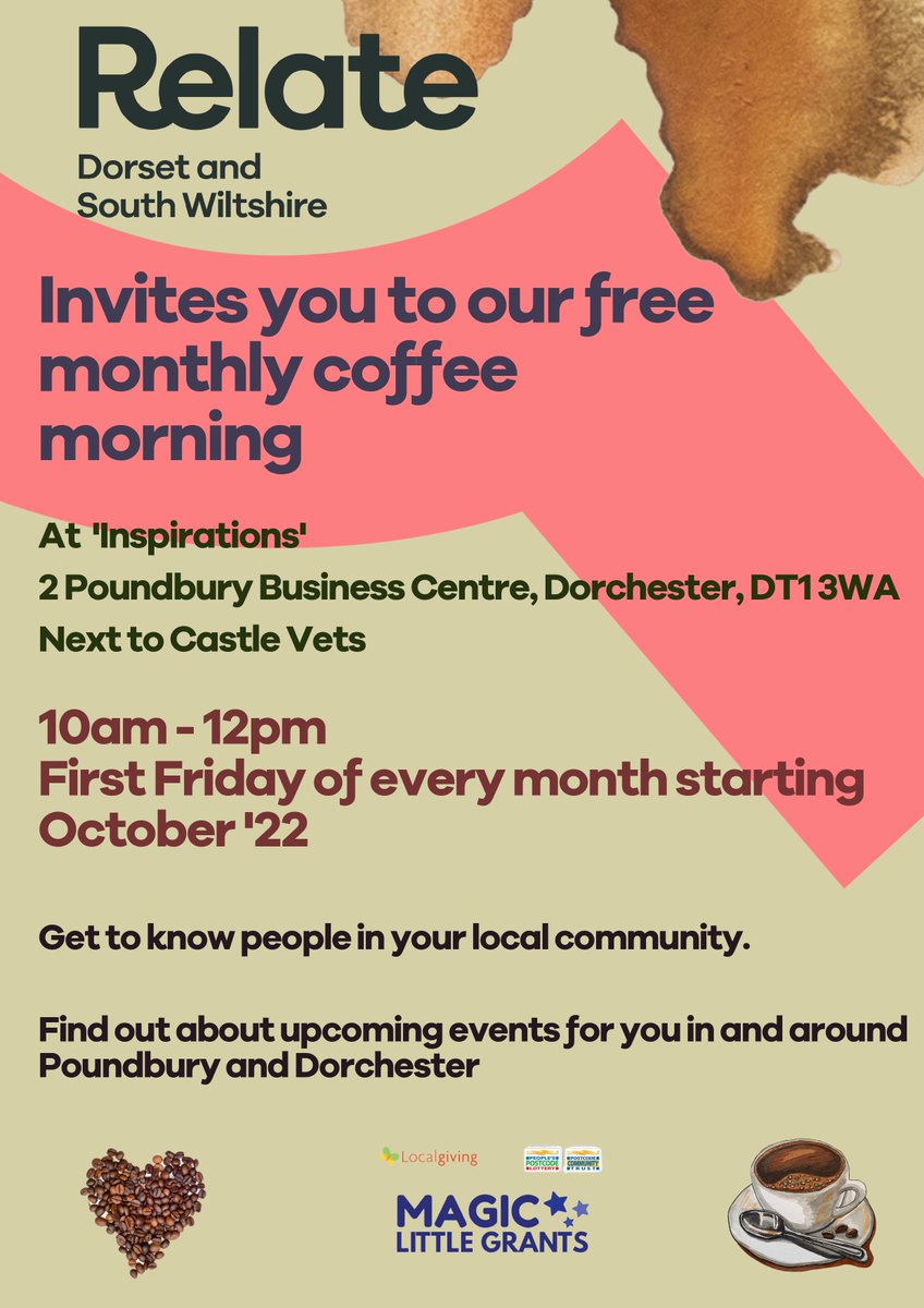 Coffee Morning THIS FRIDAY 10am to 12pm in Dorchester.

We are launching a monthly free coffee morning at our Centre in Dorchester to give people an opportunity to come together with other people in their local area and to find out about activities that they can get involved in.