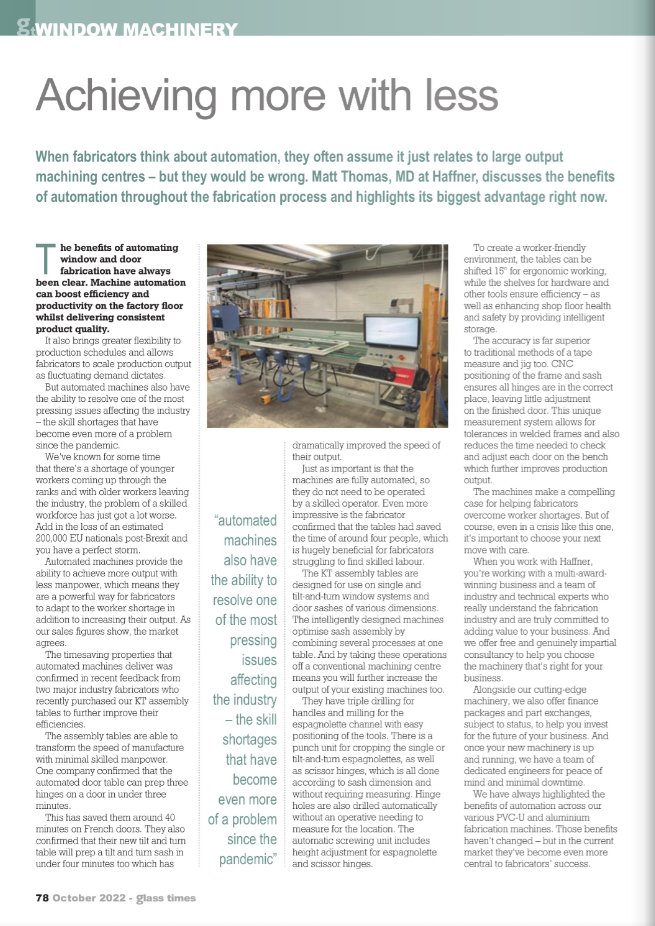 HaffnerLtd's tweet photo. A nice little spot 👀 in October's @glasstimes  magazine! Our MD, Matt Thomas discusses the many benefits that automation manufacturing can deliver throughout the fabrication process. Worth a read 👇
#machineinnovation #machines #fabricators https://t.co/xBPO7fM2Sd