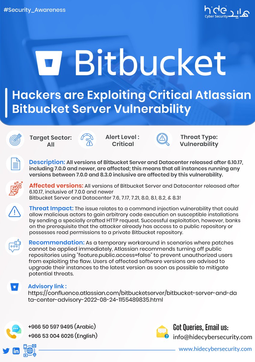 hidecybersec's tweet photo. Hackers are Exploiting Critical Atlassian Bitbucket Server Vulnerability 

#cyberawareness #atlassian #bitbucket #saudiarabia #riyadh https://t.co/sV7VsZ6prq