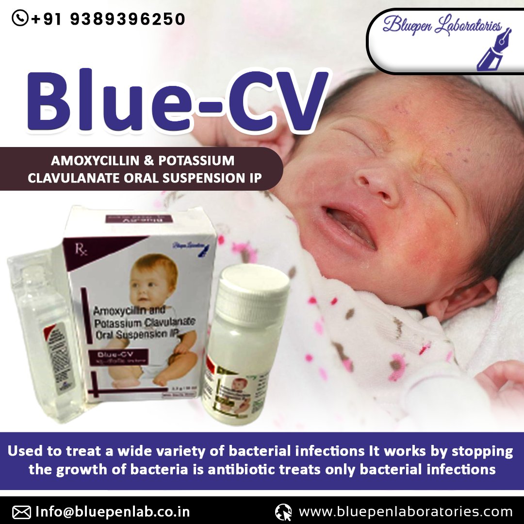 BluepenLtd's tweet photo. Blue-CV
AMOXYCILLIN &amp; POTASSIUM CLAVULANATE ORAL SUSPENSION IP
It is used to treat a wide variety of bacterial infections. It works by stopping the growth of bacteria. 

Contact Us:-
👉https://t.co/drZN3LYOhX
📧Info@bluepenlab.co.in
📞+(91) - 93893 96250

#bluepenlaboratories https://t.co/nH5QG1dU2Y