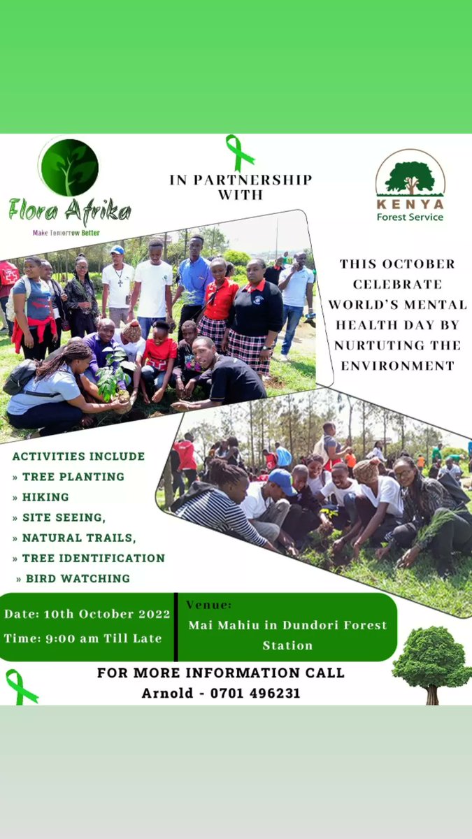AfrikaFlora's tweet photo. In line with our objectives, we warmly welcome you on 10 of October 2022, as we make Mental health day. Come let's plant trees and have fun.
#floraafrika 
#changeisnow
#friendsofenvironment 
#Maketomorrowbetter 
#Mygenerationmyassignment https://t.co/PUKfVHbiWx