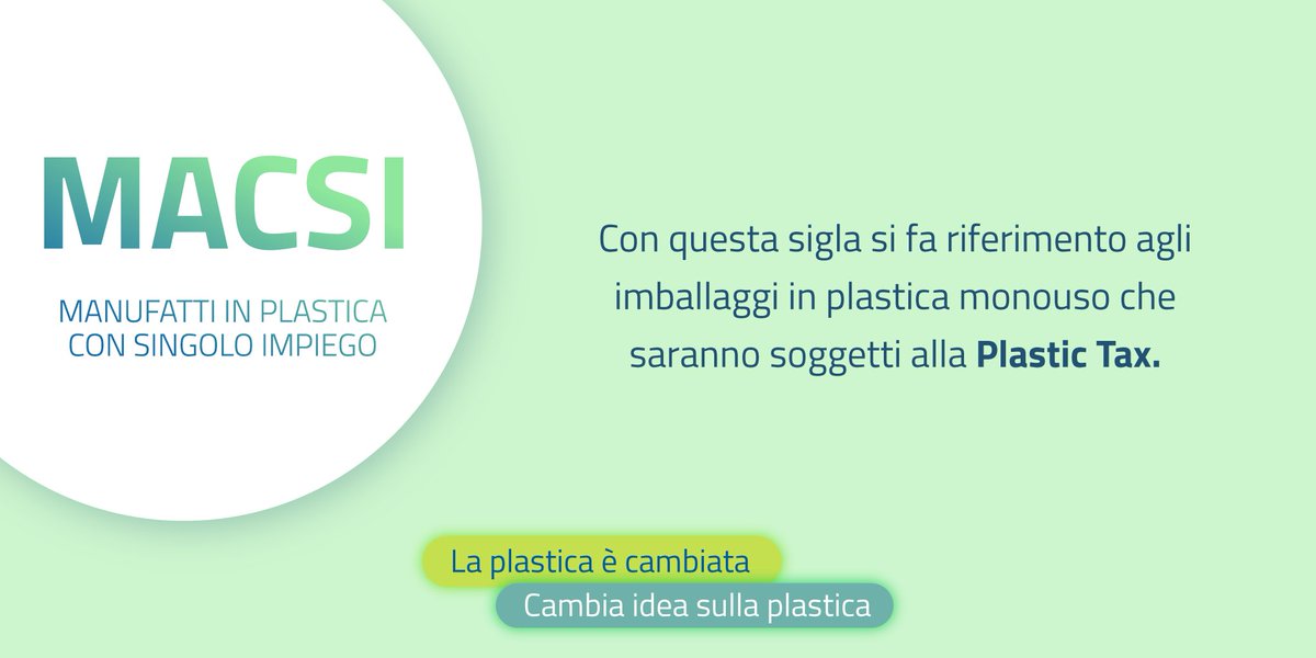 plasticambia's tweet photo. Oggi per il Vocabolario della Plastica vediamo la definizione di: #MACSI.

Ovvero: manufatti in #plastica con singolo impiego.

Con questa sigla si fa riferimento agli imballaggi in plastica monouso che saranno soggetti alla #PlasticTax. https://t.co/e0cV3HC9oC