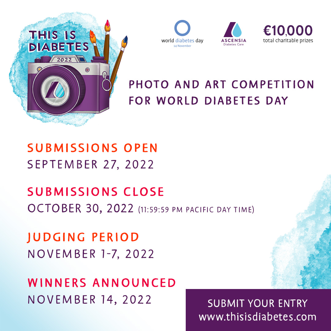 Enter This is Diabetes Photo and Art #Competition 2022 for the opportunity to have up to €6,000 donated to a registered, diabetes charity of your choice!

Submissions open until October 30, 2022

Submit your entry at thisisdiabetes.com

#diabetesart #diabetesphoto #WDD2022