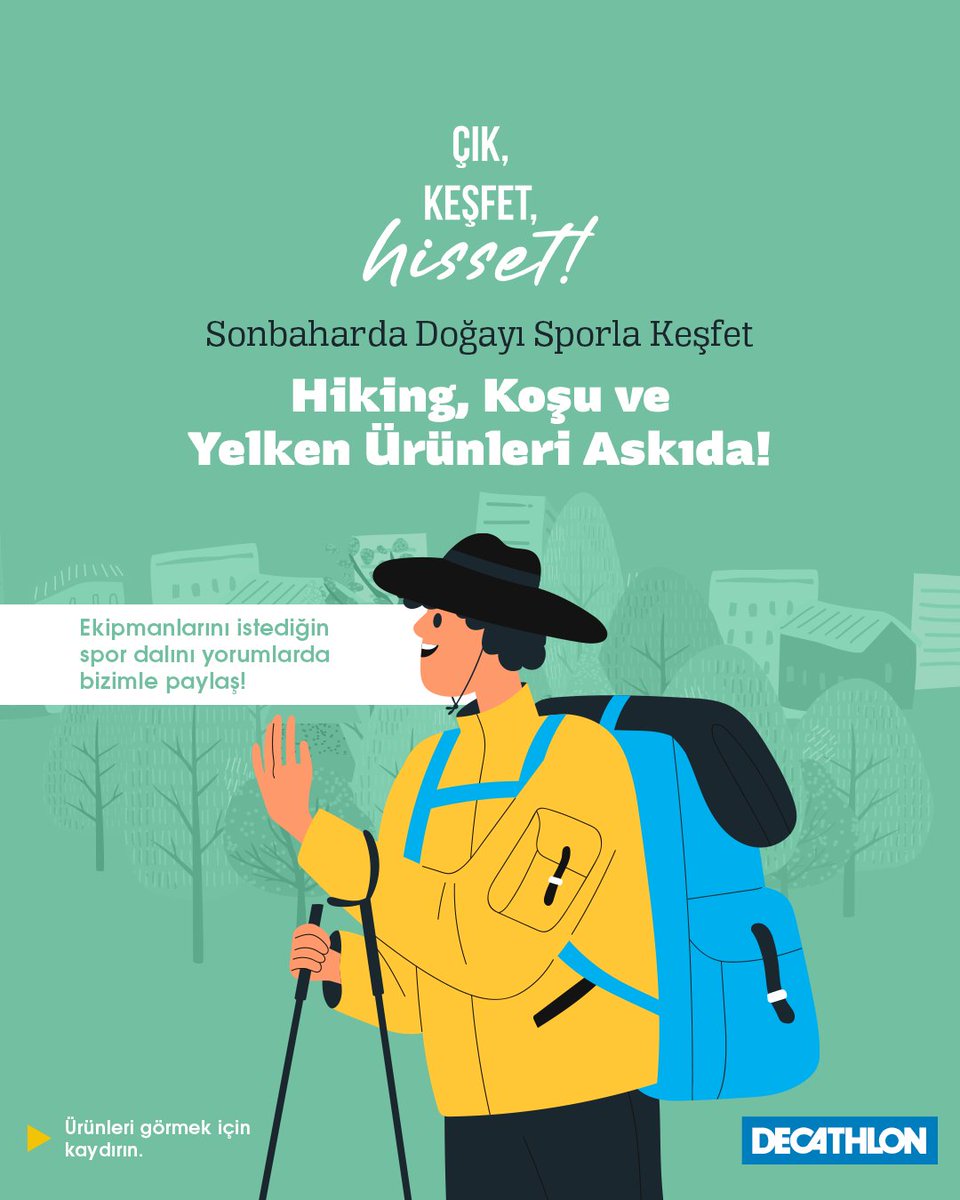 askidanevar's tweet photo. Sonbahar geldi, doğanın güzelliklerini sporla keşfetmen için sana harika bir haberimiz var! Hiking, Koşu ve Yelken ürünleri şimdi Decathlon desteğiyle askıda! RT’leyen ve @DecathlonTurkey hesabını takip eden 3 üniversite öğrencisine hediye! https://t.co/EqhqIE14nn