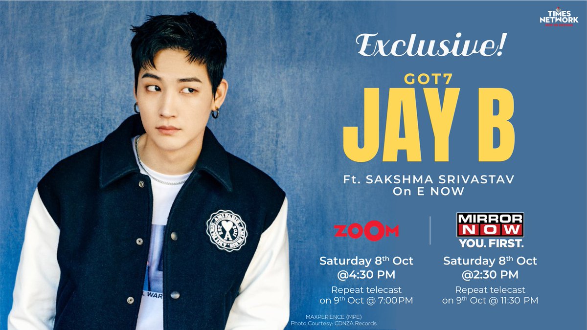 ZoomTV's tweet photo. Indian AHGASE! @SakshmaSr brings GOT7 Leader @jaybnow_hr on E NOW for an Exclusive Interview! Check out the date &amp; time of the telecast! Teaser out soon! 

#GOT7 #JayB #beyourself #ahgase #igot7 #kpop #enow #kpopidol #sakshmasrivastav #sakshma https://t.co/sspK4UjocB