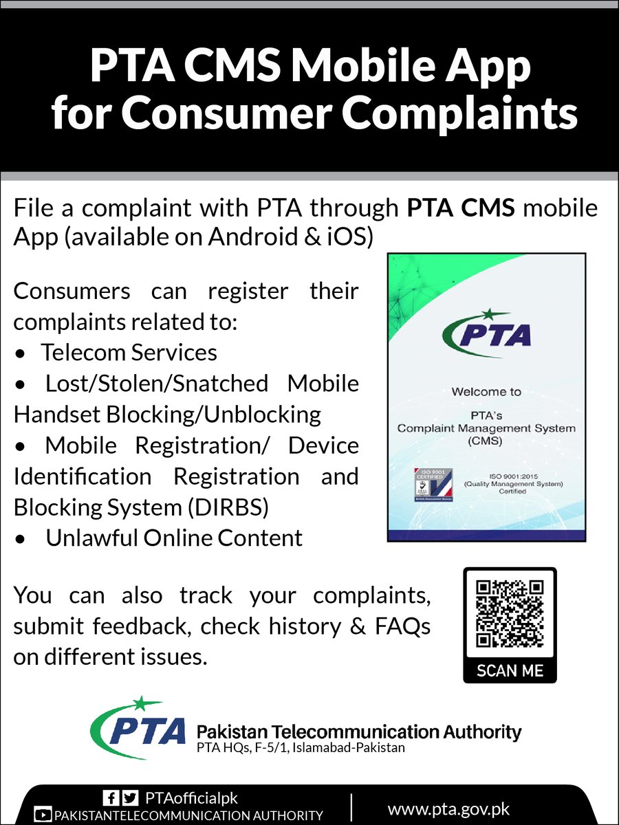 PTAofficialpk's tweet photo. 📱Users can file a complaint with PTA through PTA CMS mobile app for issues related to:

▶️Telecom services
▶️Lost/stolen/snatched mobile phone blocking
▶️DIRBS
▶️Unlawful online content 
You can also track your complaints, submit feedback, check history &amp; FAQs. https://t.co/CxD1bJTJRJ