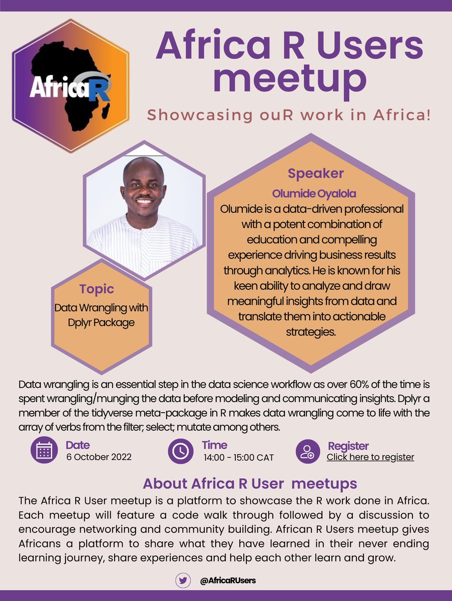 Africa R Users (@africarusers) on Twitter photo Have you registered for the upcoming Africa R Users meetup?
When: 6 October 2022, 14:00 - 15:00 CAT
<a href="/iamolumide/">Olumide Oyalola</a> will be talking about "Data Wrangling with Dplyr Package"
Register now! events.zoom.us/ev/Ar5oCrc02LI…
<a href="/noma_maphanga/">Nomalungelo Maphanga</a> <a href="/aneldavdw/">Anelda van der Walt</a> <a href="/iamolumide/">Olumide Oyalola</a> Have you registered for the upcoming Africa R Users meetup?
When: 6 October 2022, 14:00 - 15:00 CAT
<a href="/iamolumide/">Olumide Oyalola</a> will be talking about "Data Wrangling with Dplyr Package"
Register now! events.zoom.us/ev/Ar5oCrc02LI…
<a href="/noma_maphanga/">Nomalungelo Maphanga</a> <a href="/aneldavdw/">Anelda van der Walt</a> <a href="/iamolumide/">Olumide Oyalola</a>