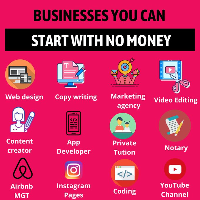 Businesses you can start with no money
#MondayMotivation 
#business #businessideas #nomoney #incomeideas #secondincome #money #businesstips #smallbusiness