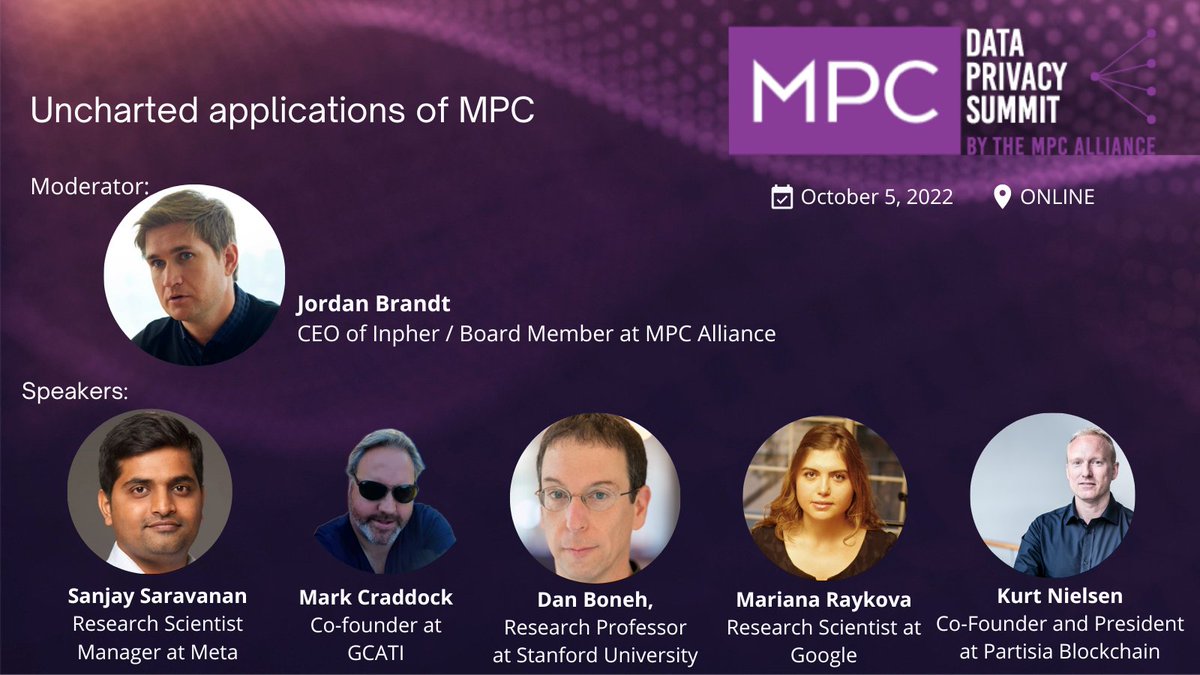 danbogdanov's tweet photo. @MPCalliance @JoshuaWBaron @DARPA The keynote will be followed by a stellar panel on the Uncharted applications of MPC. The panelists are @danboneh, @sanjay_lfc, @mcraddock, Mariana Raykova, Kurt Nielsen with @gordobia moderating. Join us live or to stream later at https://t.co/qYdqcS7TeT https://t.co/LxiFsIr2NX