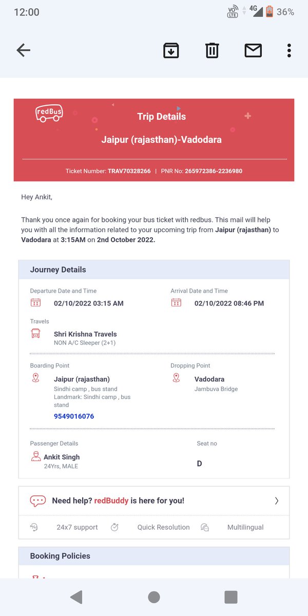 singhankit333's tweet photo. Dear @redBus_in,
Refer the ticket below. I was standing at Bus station with my luggage at midnight and kept trying to contact the boarding point contact number given. I didn't get any response from them whole the night. Some one called me at morning 11 AM and told they don't.... https://t.co/RXa5UIEic5