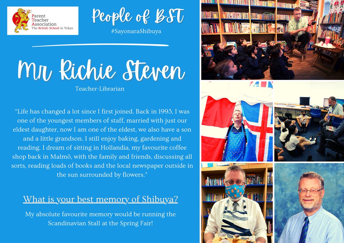 BST PTA (@bst_pta) on Twitter photo People of BST - Celebrating our staff and members of the community. <a href="/BST_Tokyo/">The British School in Tokyo</a>
This year we are featuring staff from Shibuya to mark our departure from the Shibuya campus. #SayonaraShibuya
This week we are featuring Mr Richie Steven - Teacher-Librarian 📚 People of BST - Celebrating our staff and members of the community. <a href="/BST_Tokyo/">The British School in Tokyo</a>
This year we are featuring staff from Shibuya to mark our departure from the Shibuya campus. #SayonaraShibuya
This week we are featuring Mr Richie Steven - Teacher-Librarian 📚