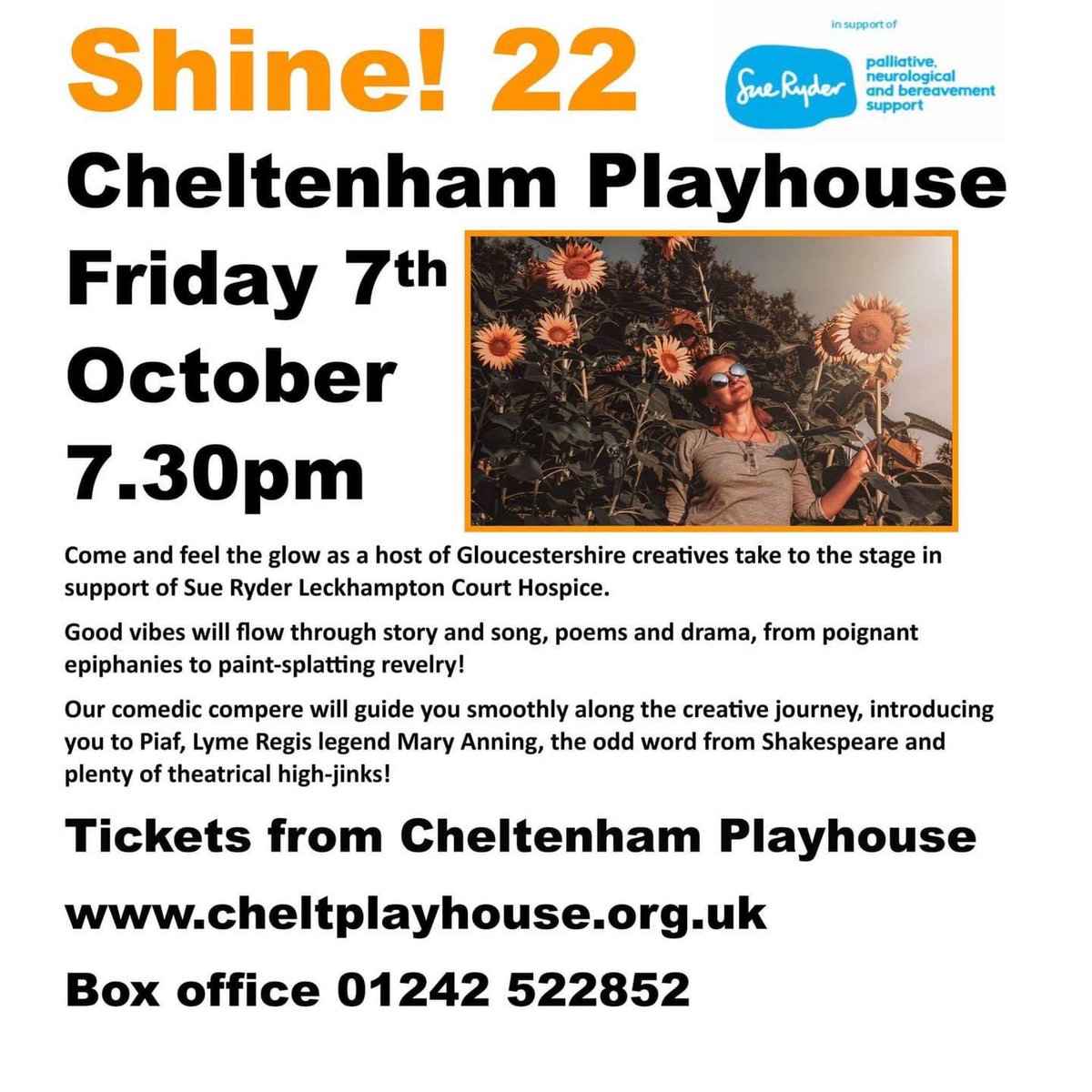 We’re excited to announce we will be supporting @SueRyderLCH &amp; performing at <a href="/CheltPlayhouse/">Cheltenham Playhouse</a> on Friday 7th October. An evening FULL of creatives; <a href="/EveLoiseauPiaf/">Eve Loiseau (Piaf-The Songs)</a>, <a href="/DraconicsExpert/">Chloe Green</a> @spanielworks, <a href="/SallyHydeLomax/">Sally Hyde Lomax</a>, Foulisfair Theatre &amp; more! Tickets £10. 7.30 pm #shine22 #fundraiser
