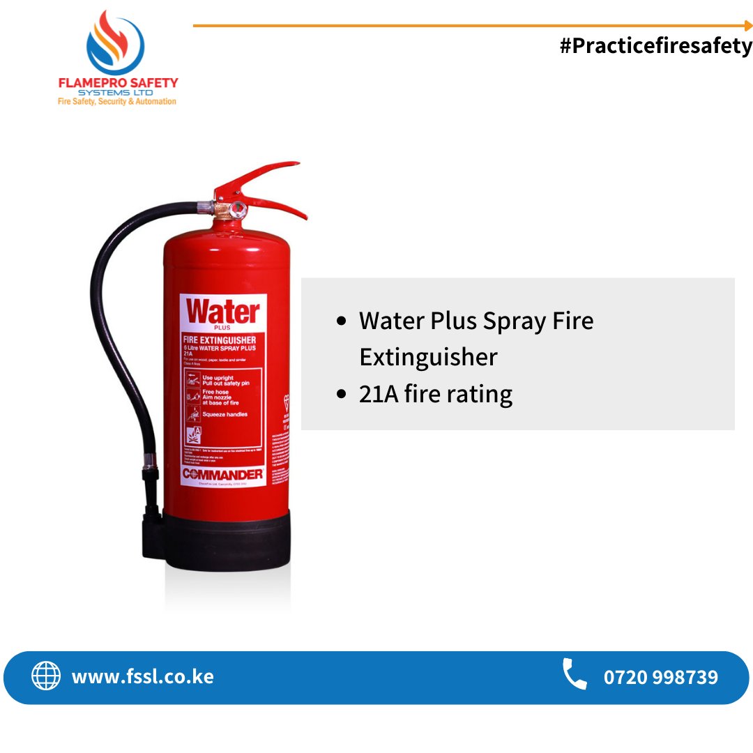 OfficialFssl's tweet image. This Water Plus Spray Fire Extinguisher features 21A fire rating, and is safe for inadvertent use on fires involving live electrical equipment up to 1000V 

Contact us on

☎0720998739
✉️enquiries@fssl.co.ke
🌐fssl.co.ke

#fssl #firesafety #firesafetytips
