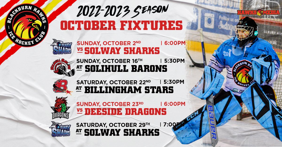 blackburnhawks's tweet photo. 🔴⚫️🟡 OCTOBER FIXTURES 🔴⚫️🟡

Hawks fans please see below the fixtures for October, we can’t wait to see you in the nest and on the road!  

NB- the home fixture against the Deeside Dragons for the 15/10/22 has been postponed. 

#COYH #BlackburnHawks #AllHawks #ProjectHawks https://t.co/mVtNjlJGUS