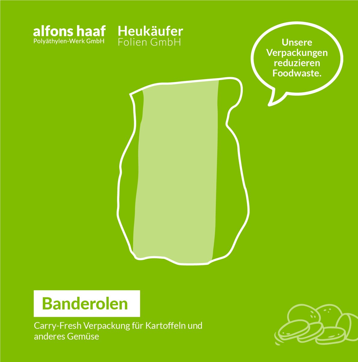 Carry-Fresh-Netze mit Banderolen sind leicht zu tragende, gut durchlüftete und selbst stehende Verpackungen. Viele gängige Motive befinden sich bei uns permanent auf Lager.