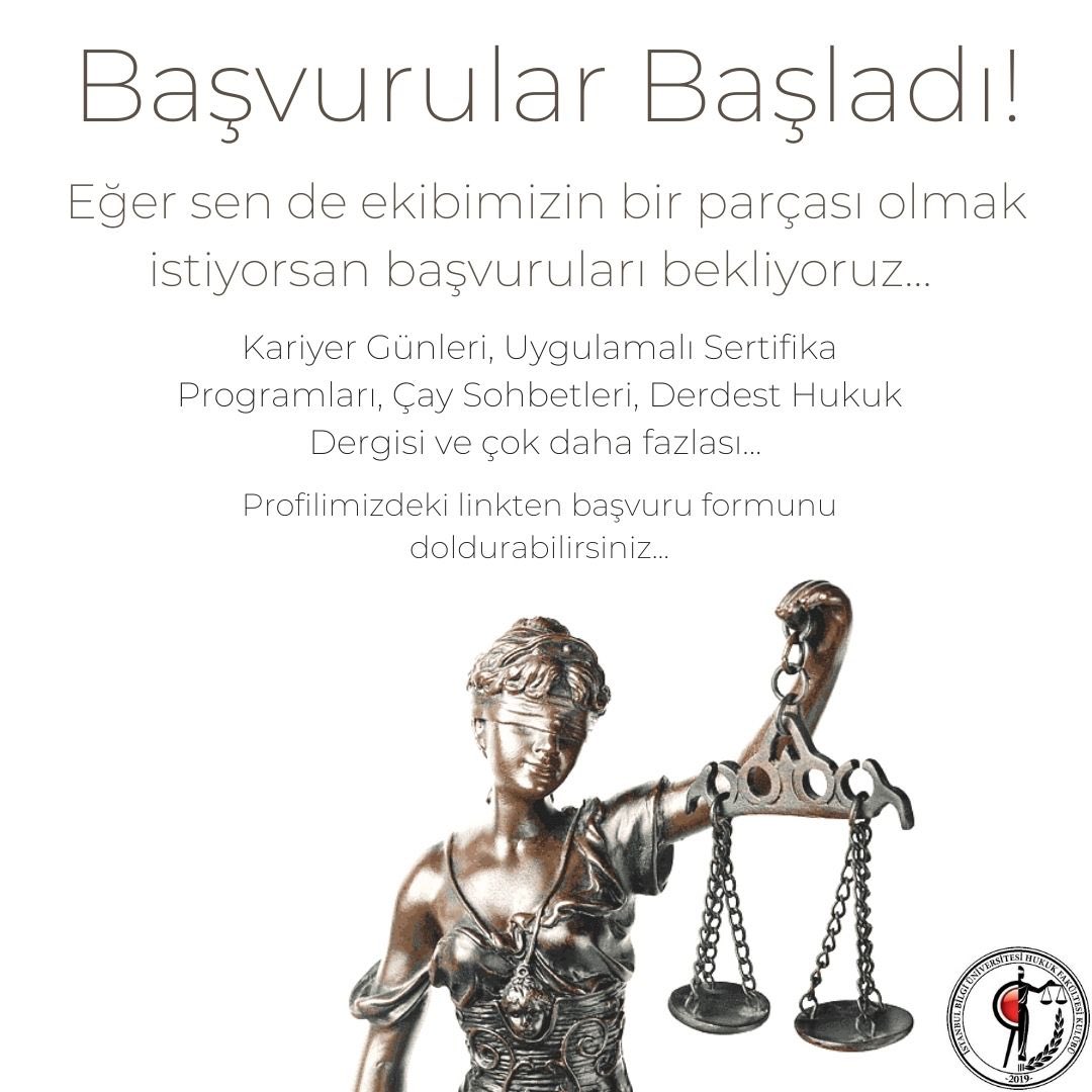 BAŞVURULAR BAŞLADI!
İstanbul Bilgi Üniversitesi Hukuk Fakültesi Kulübü’nün bir parçası olmak istiyorsan, sayfamızdaki linke tıklayarak başvuru da bulunabilirsin 🙏🏼                                              Sorularınız olursa bizimle DM üzerinden iletişime geçebilirsiniz ✨
