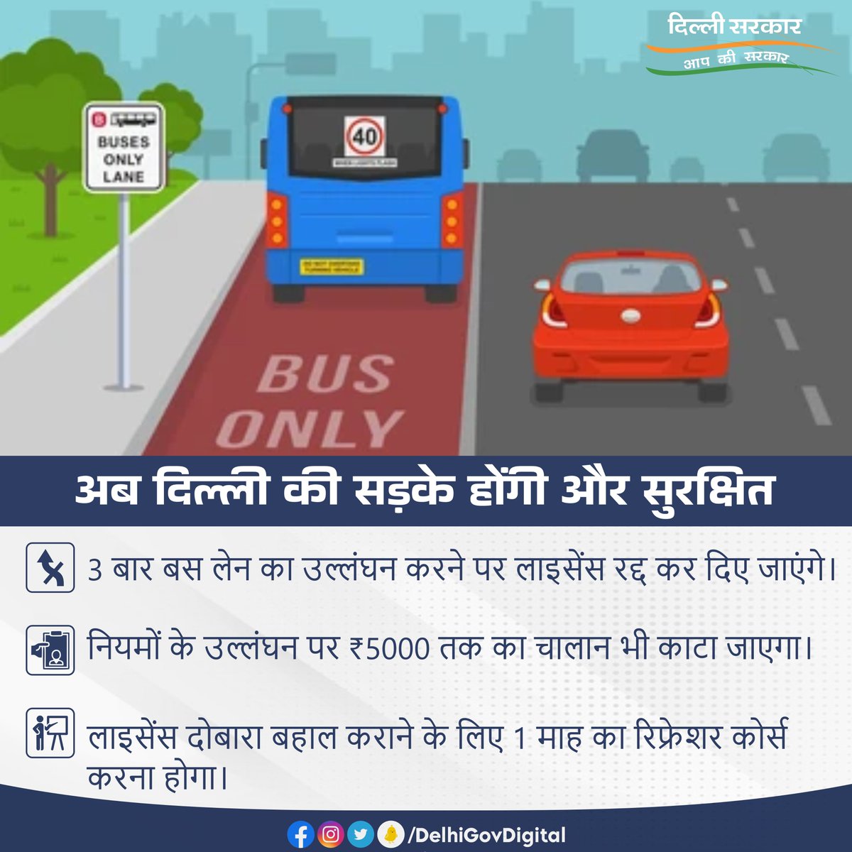 दिल्ली में बस लेन का तीन बार उल्लंघन करने पर ड्राइवर का लाइसेंस रद्द कर दिया जाएगा और 5000 रुपये का चालान भी कटेगा। @ArvindKejriwal @kgahlot @DDC_Delhi @TransportDelhi #Delhi #Transport #BusLane #Delhigram #DelhiGovt #DrivingLicense