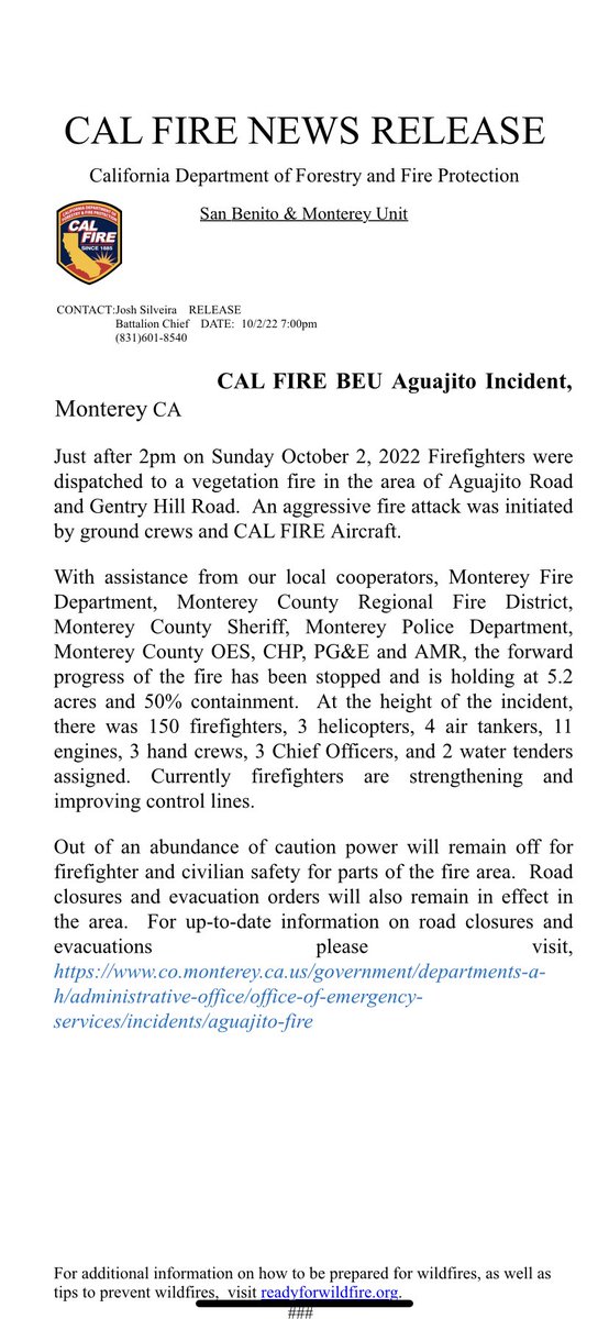 Forward progress of the #aguajitofire has been stopped at 5.2 acres and 50% containment.