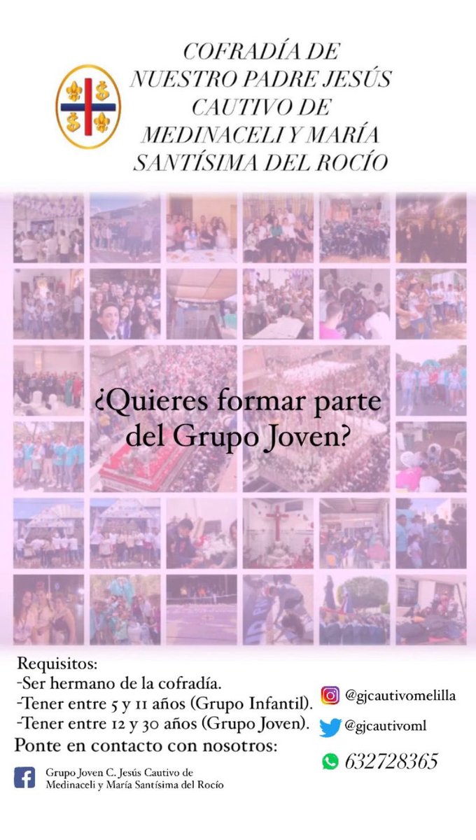 GJCautivoml's tweet photo. ¿Quieres formar parte del Grupo Joven? Si quieres pertenecer a esta gran familia, ponte en contacto con nosotros a través de cualquiera de nuestras redes sociales, en nuestro whatsapp o en nuestra Casa Hermandad (calle Patio del Cura n1) de lunes a viernes de 18:30 a 21:00. https://t.co/sXkFXDjCWe